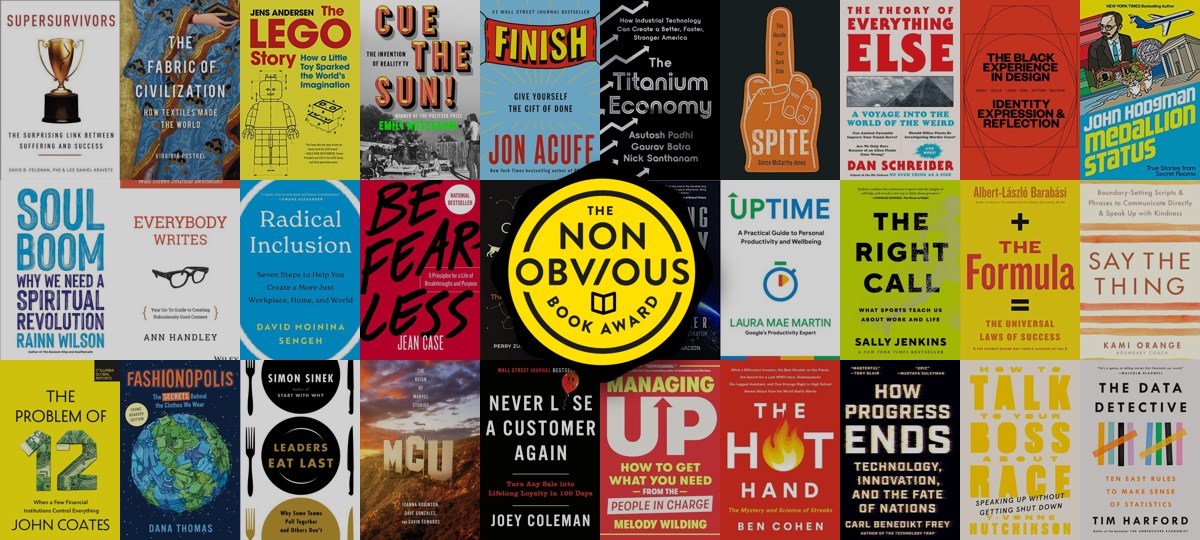 The Non-Obvious Book Awards: a mosaic of honored books behind the award badge
