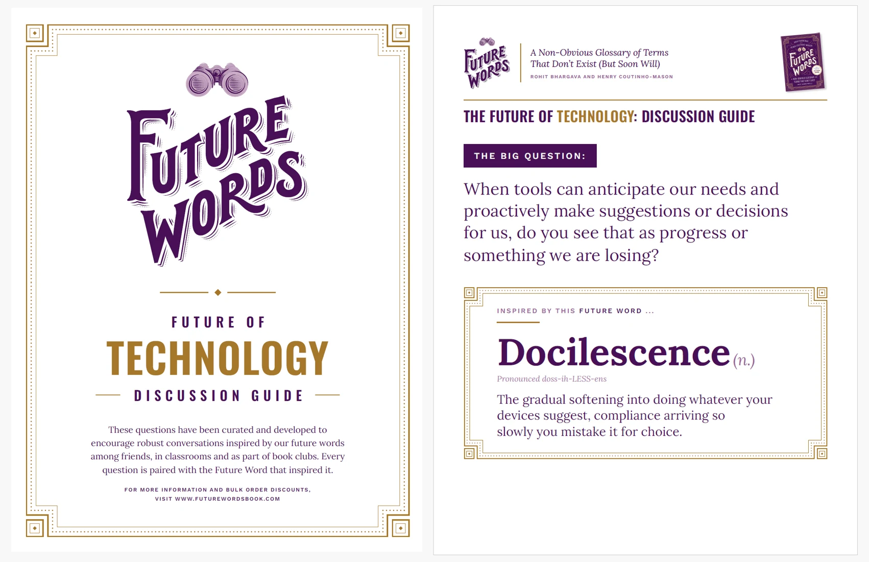 Example pages from the Future of Technology Discussion Guide: the cover, and a page with a discussion question inspired by the future word Docilescence
