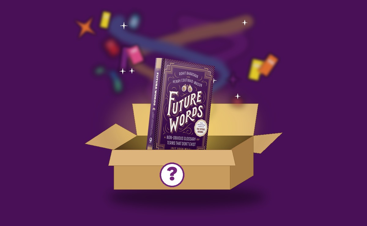 An open cardboard box with a question mark on it and a copy of Future Words dropping in