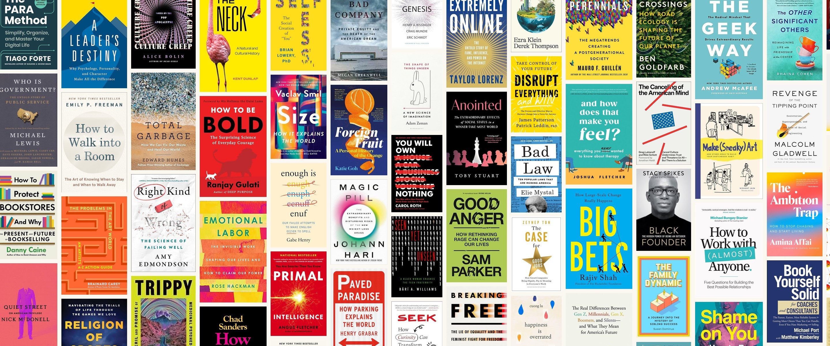 A mosaic of longlisted book covers around the Non-Obvious Book Award longlist badge