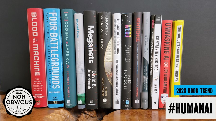 The books behind the #HumanAI trend — a stack of 2023 longlist titles