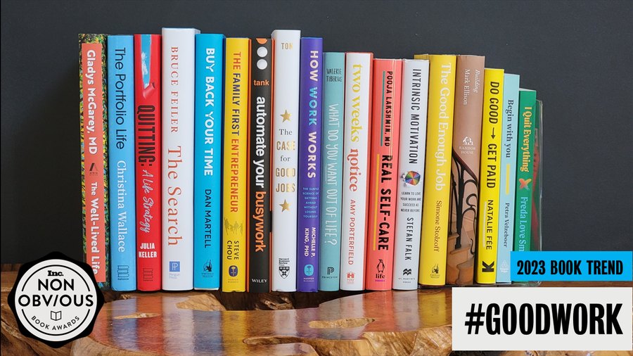The books behind the #GoodWork trend — a stack of 2023 longlist titles