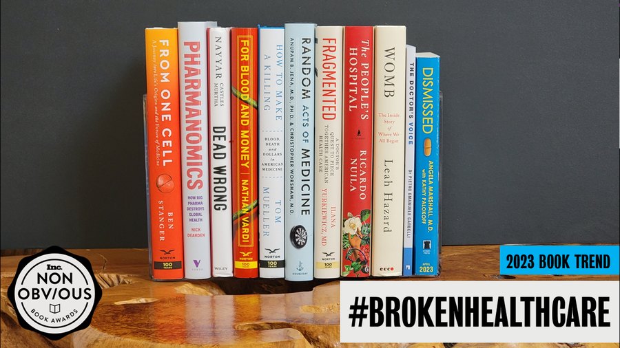 The books behind the #BrokenHealthcare trend — a stack of 2023 longlist titles