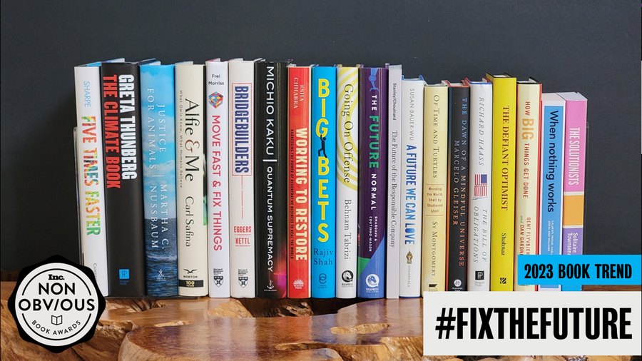The books behind the #FixTheFuture trend — a stack of 2023 longlist titles