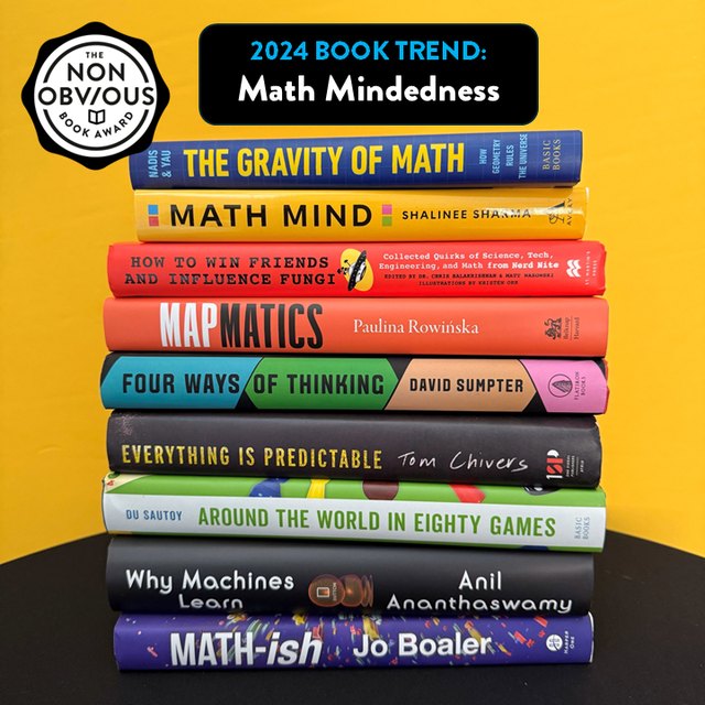 The books behind the Math Mindedness trend — a stack of 2024 longlist titles