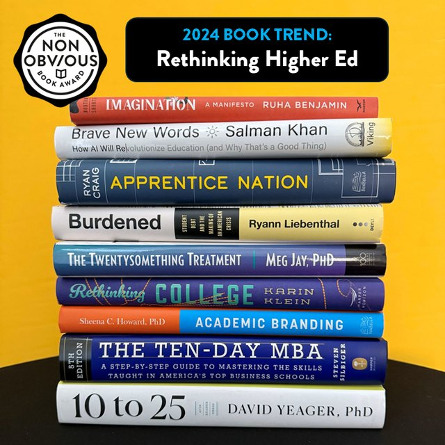 The books behind the Rethinking Higher Ed trend — a stack of 2024 longlist titles