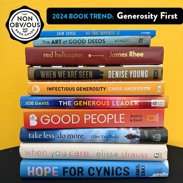 The books behind the Generosity First trend — a stack of 2024 longlist titles