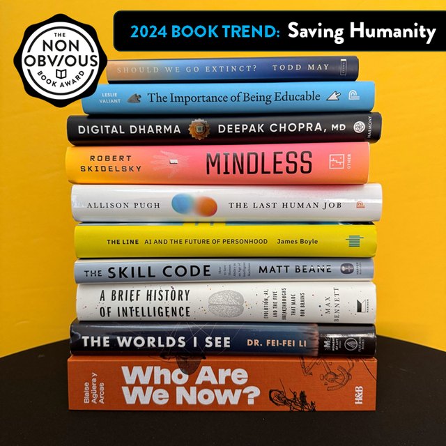 The books behind the Saving Humanity trend — a stack of 2024 longlist titles