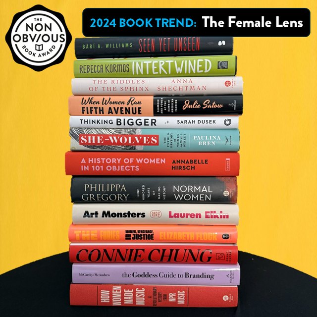 The books behind the The Female Lens trend — a stack of 2024 longlist titles