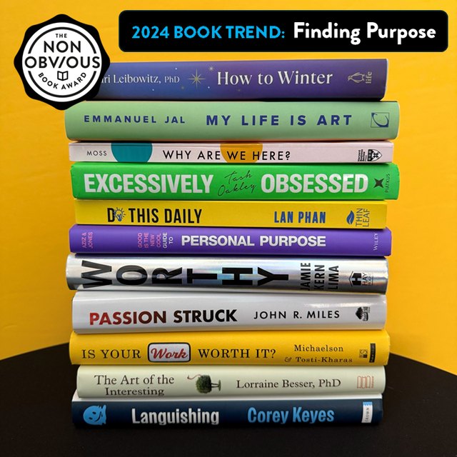 The books behind the Finding Purpose trend — a stack of 2024 longlist titles