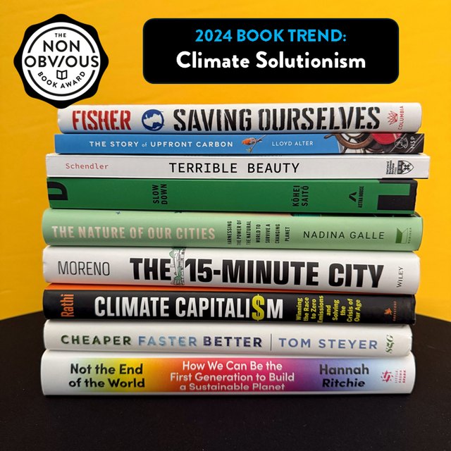 The books behind the Climate Solutionism trend — a stack of 2024 longlist titles