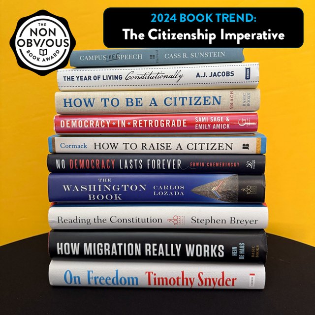 The books behind the The Citizenship Imperative trend — a stack of 2024 longlist titles