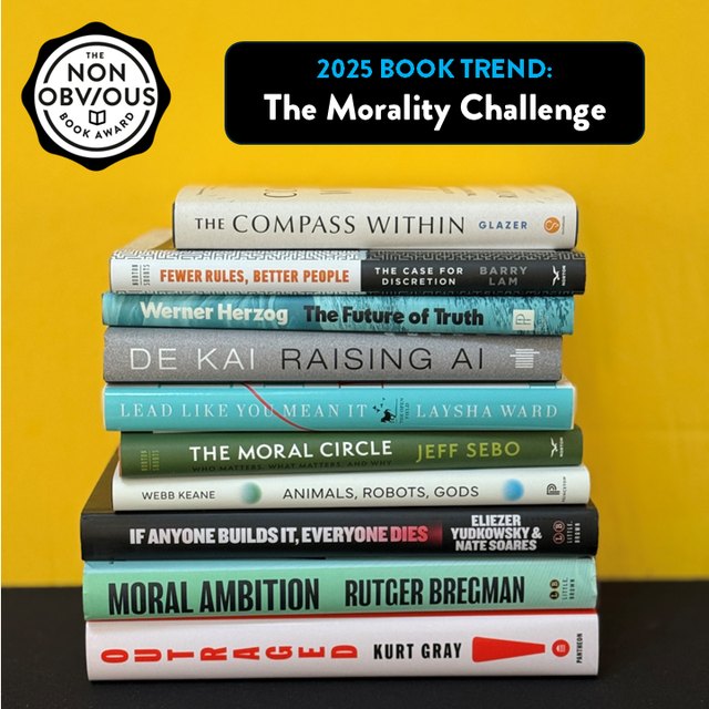 The books behind the The Morality Challenge trend — a stack of 2025 longlist titles