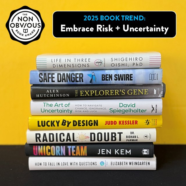 The books behind the Embrace Risk + Uncertainty trend — a stack of 2025 longlist titles