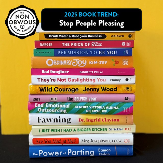The books behind the Stop People Pleasing trend — a stack of 2025 longlist titles