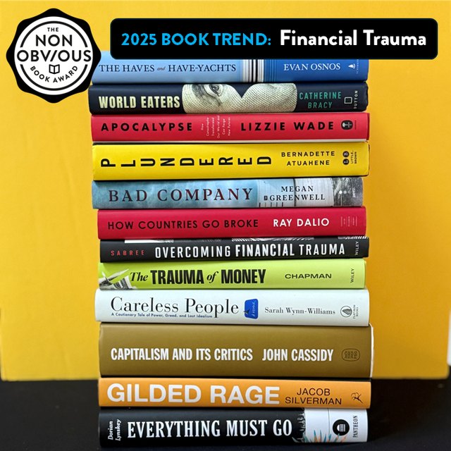 The books behind the Financial Trauma trend — a stack of 2025 longlist titles