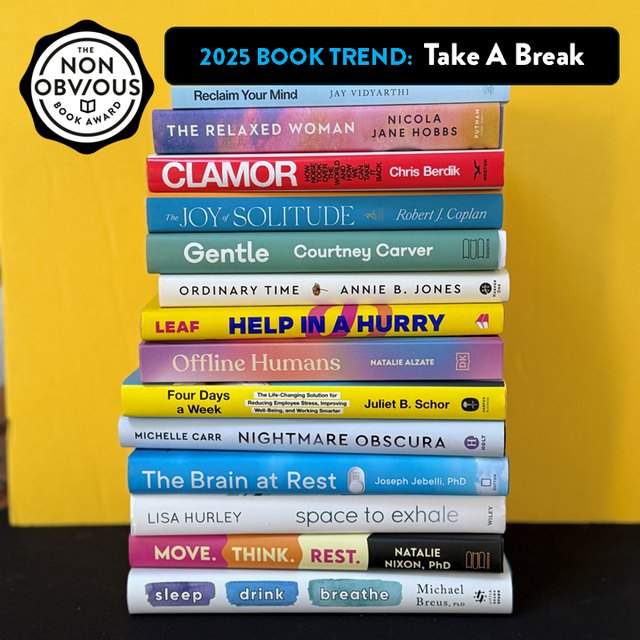 The books behind the Take A Break trend — a stack of 2025 longlist titles