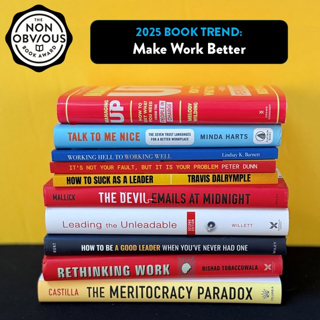 The books behind the Make Work Better trend — a stack of 2025 longlist titles