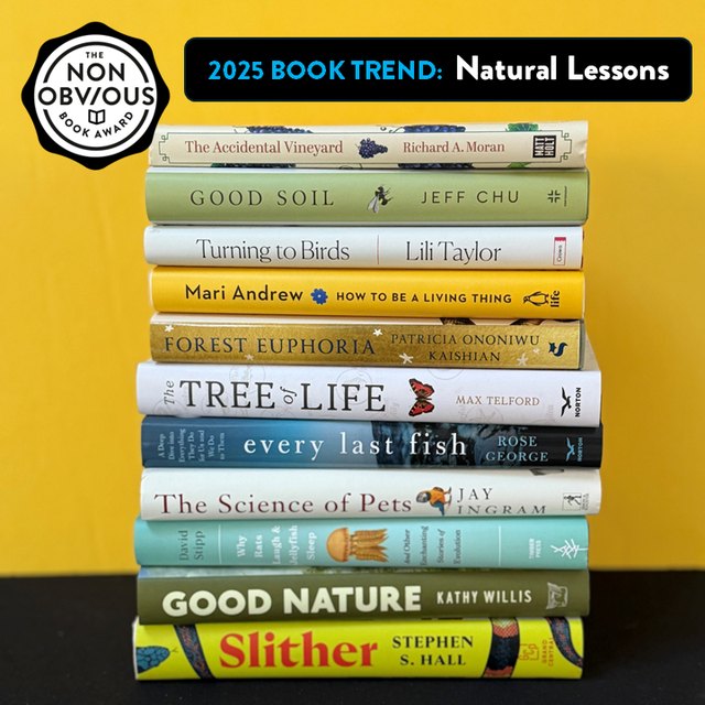 The books behind the Natural Lessons trend — a stack of 2025 longlist titles